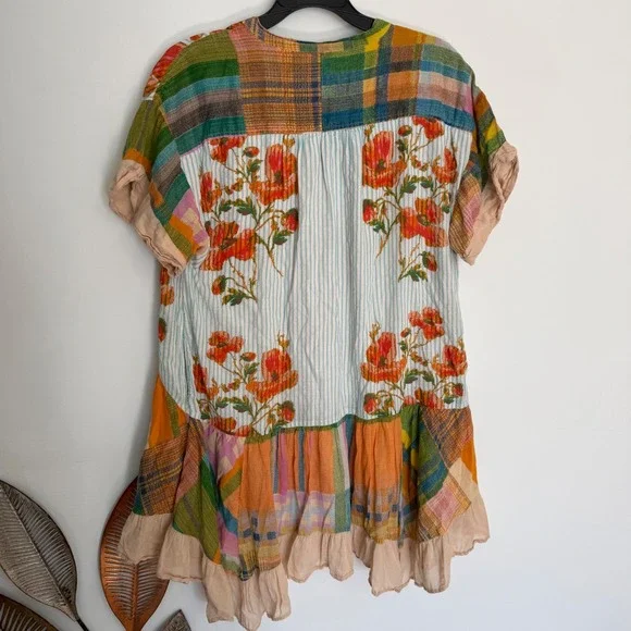 Free People Mixed Print Patchwork Tunic Dress Floral Plaid Boho S V Neck - Picture 7 of 10